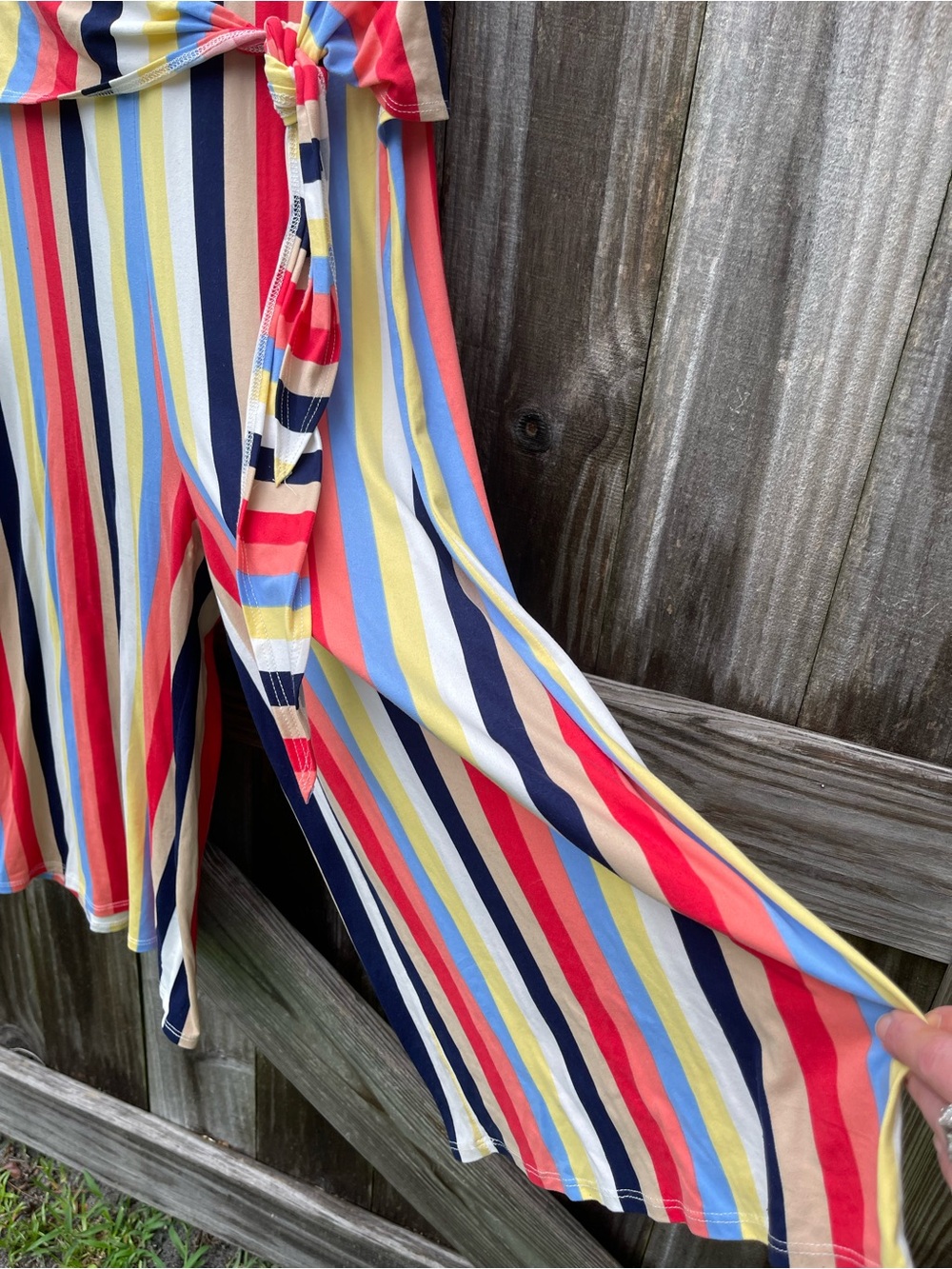 Striped Wrap-Front Short Sleeve Jumpsuit in Multi Color size 1X - Picture 4 of 10